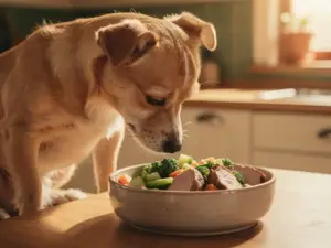 Kleine hond snuffelt aan volle voerbak met gestoomde groenten en vlees, weigert te eten in warme houten keuken.