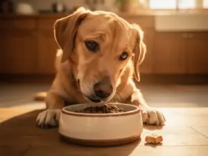 Hond die zijn neus afwendt van een volle keramische voerbak, met een klein snoepje op de houten keukenvloer in warm ochtendlicht.